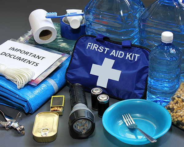 Emergency supplies kit including water bottles, first aid kit, important documents, canned food, a flashlight, batteries, tarp, and other essentials.