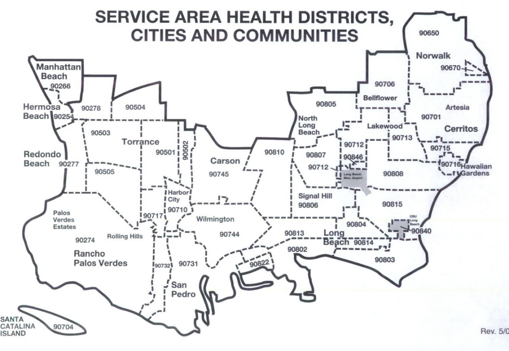 Map outlining service area health districts, cities, and communities in part of California, displaying zip codes. Areas include Manhattan Beach, Long Beach, Lakewood, and more.