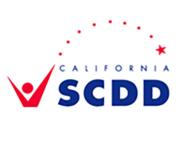 Logo of California SCDD, featuring a red stylized figure and stars, with blue text.